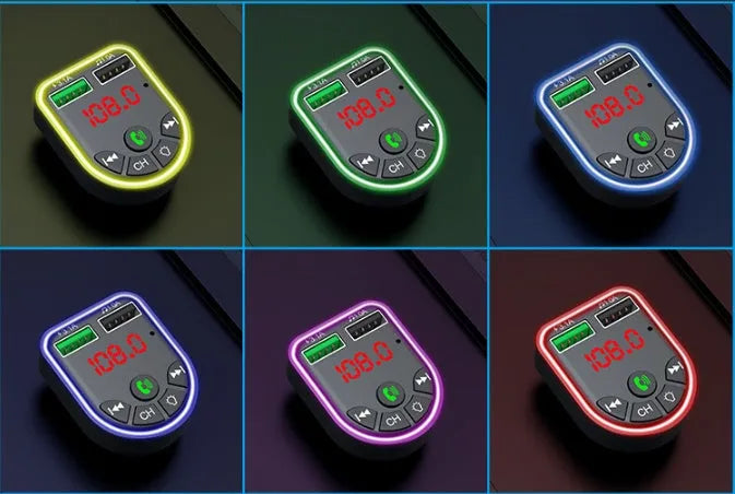 Bluetooth car MP3 player with dual USB charger and colourful atmosphere light plugged into vehicle cigarette lighter