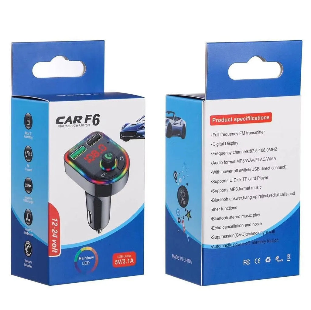 Bluetooth car MP3 player with dual USB charger and colourful atmosphere light plugged into vehicle cigarette lighter