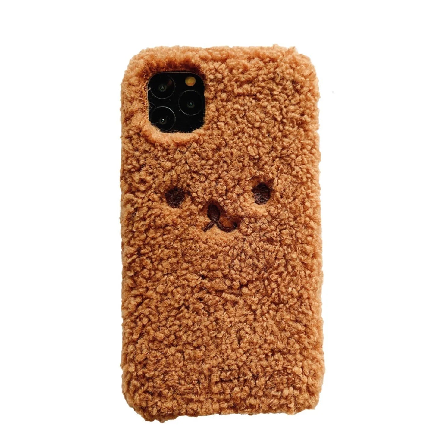 Brown embroidered plush bear face design on a flexible TPU phone case for Apple iPhone.