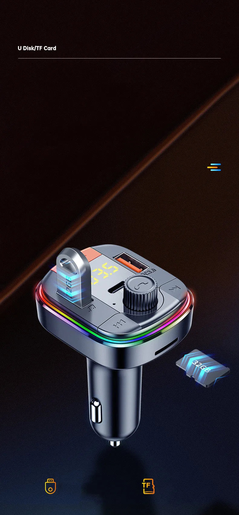 Black car MP3 player and fast charger with LED light for cigarette lighter socket