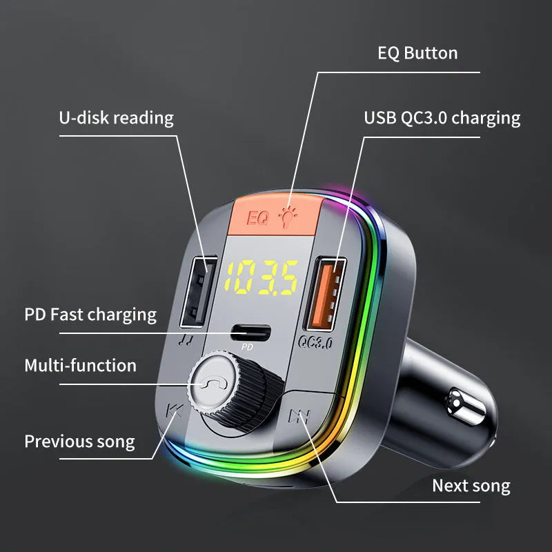 Black car MP3 player and fast charger with LED light for cigarette lighter socket