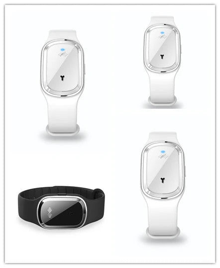 Ultrasonic mosquito repellent wristband in various colours, showcasing waterproof design and optional clock feature.