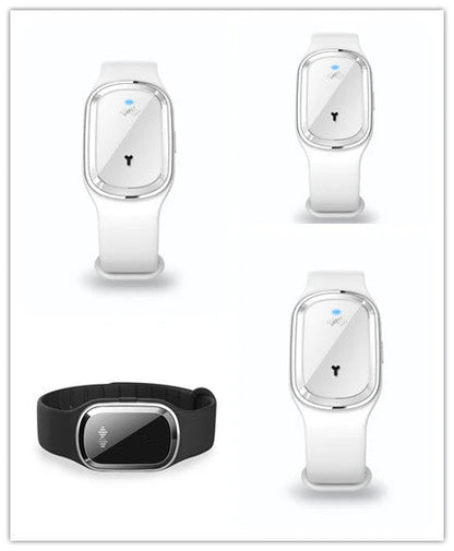 Ultrasonic mosquito repellent wristband in various colours, showcasing waterproof design and optional clock feature.