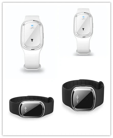 Ultrasonic mosquito repellent wristband in various colours, showcasing waterproof design and optional clock feature.