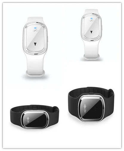 Ultrasonic mosquito repellent wristband in various colours, showcasing waterproof design and optional clock feature.