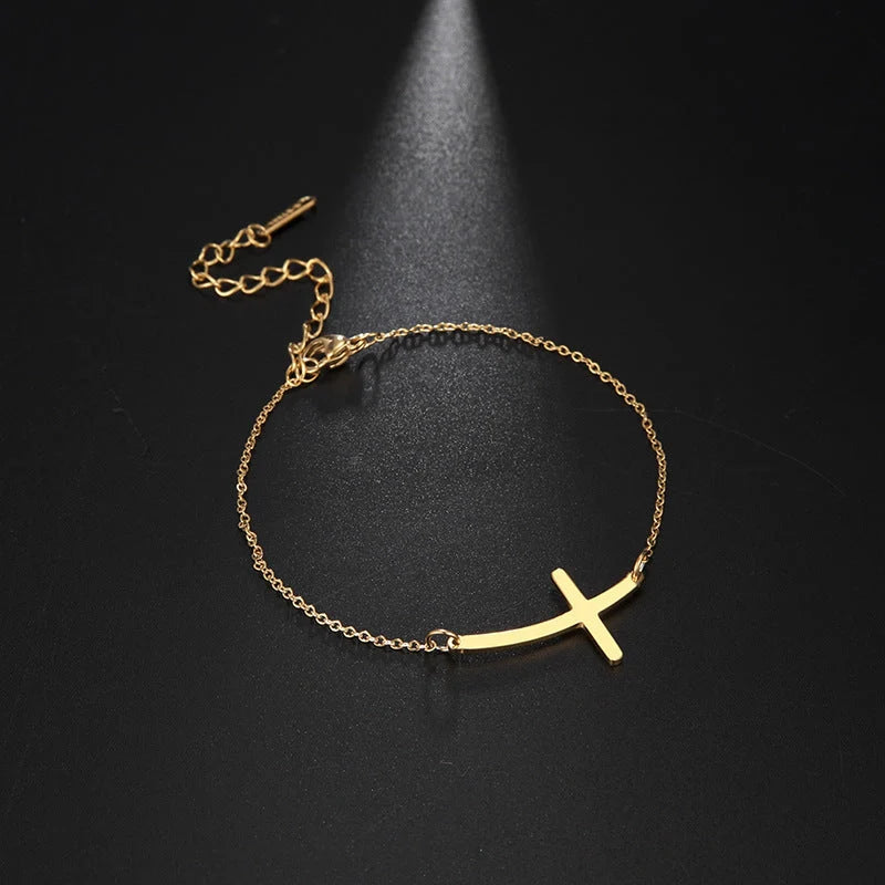 Simple Cross Bend Bracelet in stainless steel with adjustable chain and cross pendant