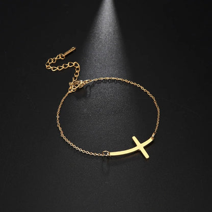 Simple Cross Bend Bracelet in stainless steel with adjustable chain and cross pendant