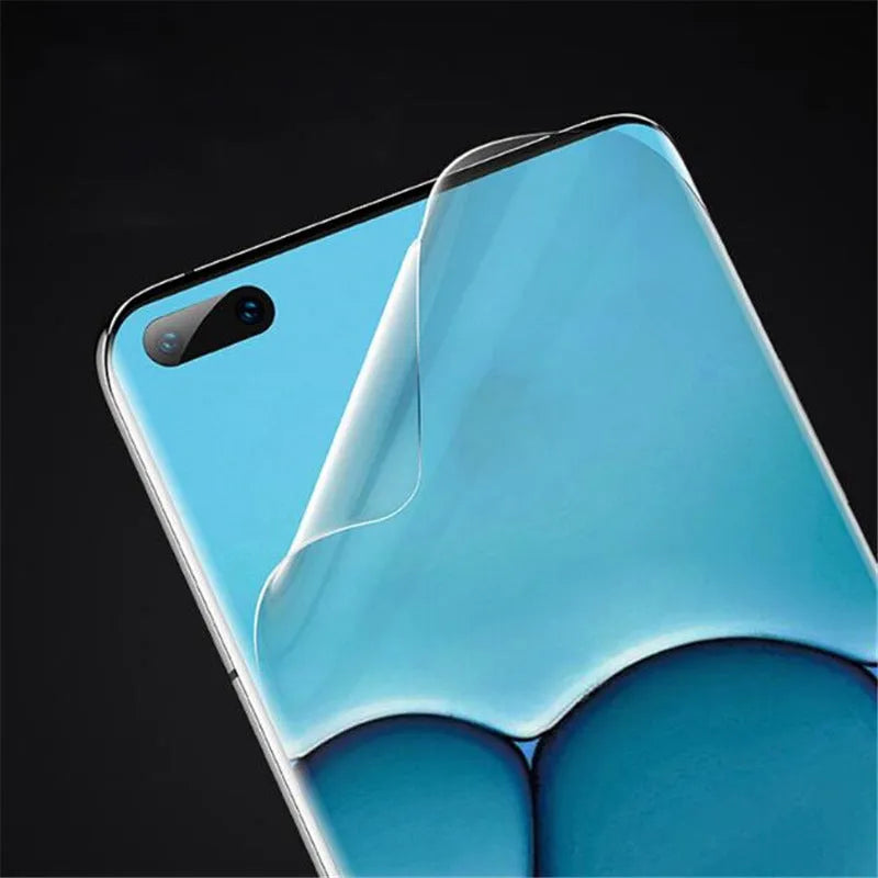Three-pack of clear hydrogel screen protector films for Huawei and Honor smartphones.