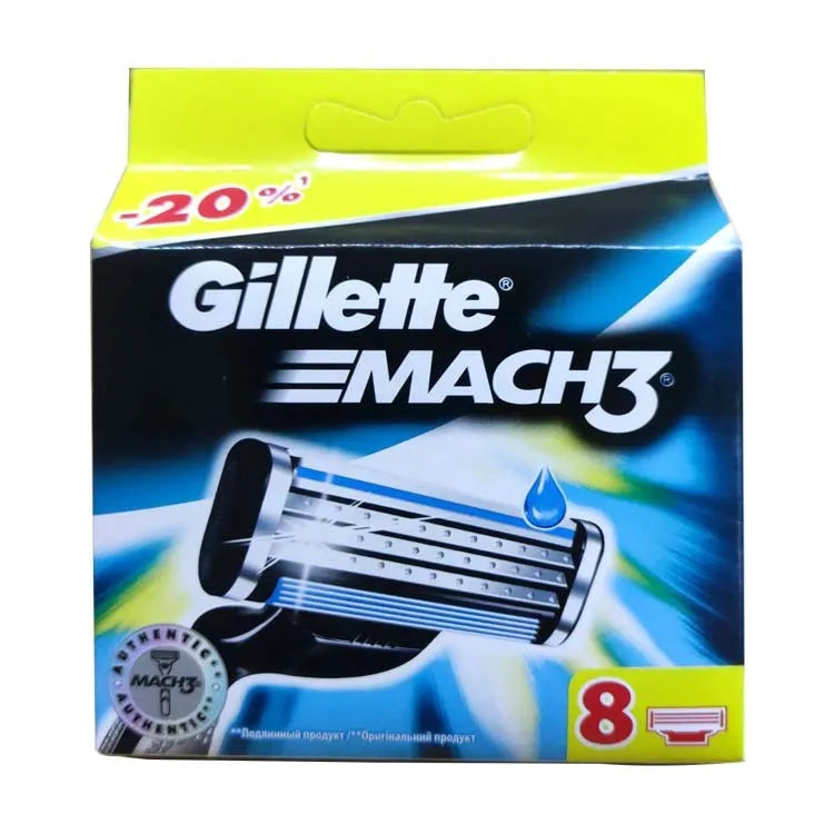 Blue Gillette Mach3 manual razor handle with a pack of eight replacement triple-blade cartridges