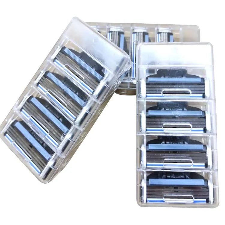 Blue Gillette Mach3 manual razor handle with a pack of eight replacement triple-blade cartridges