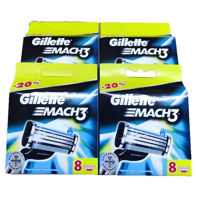 Blue Gillette Mach3 manual razor handle with a pack of eight replacement triple-blade cartridges