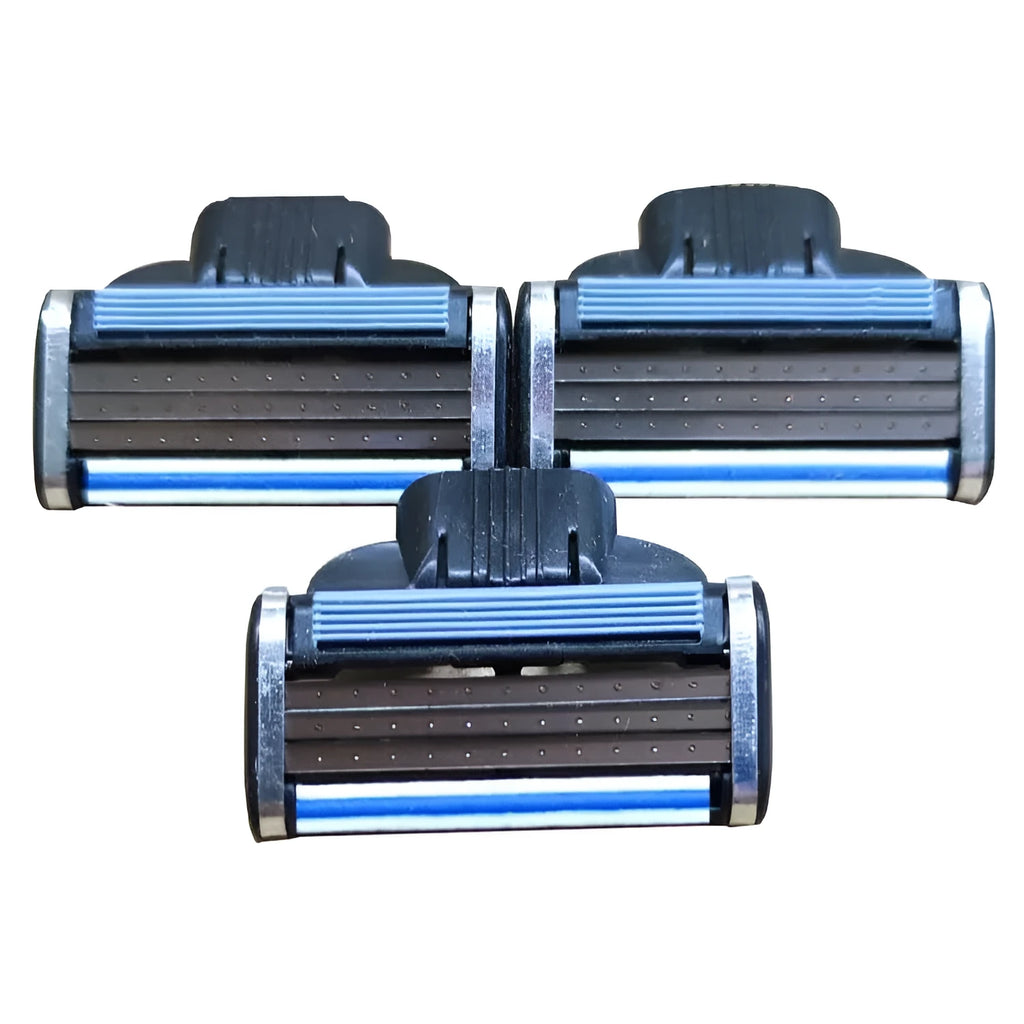 Blue Gillette Mach3 manual razor handle with a pack of eight replacement triple-blade cartridges