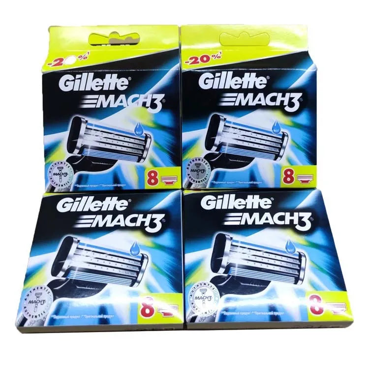 Blue Gillette Mach3 manual razor handle with a pack of eight replacement triple-blade cartridges