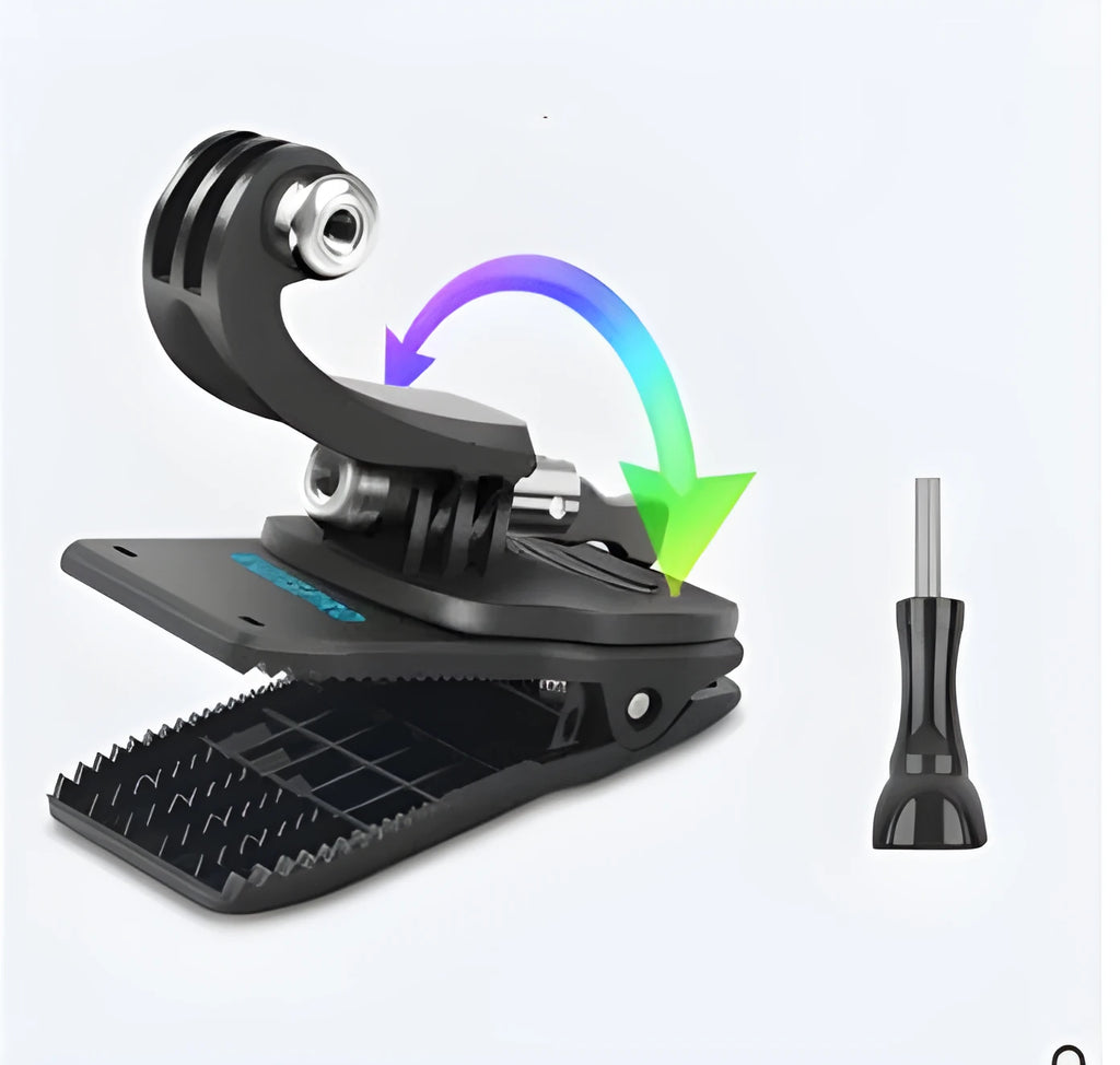 360-degree rotating backpack clip for GoPro and action cameras with aluminium alloy and ABS plastic construction