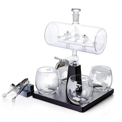 Borosilicate glass sailing wine bottle set with world map design, includes four glasses