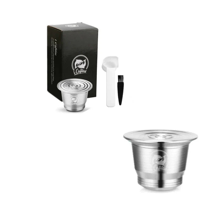 Stainless steel reusable Nespresso coffee capsule with tamper and spoon
