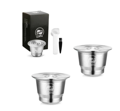 Stainless steel reusable Nespresso coffee capsule with tamper and spoon