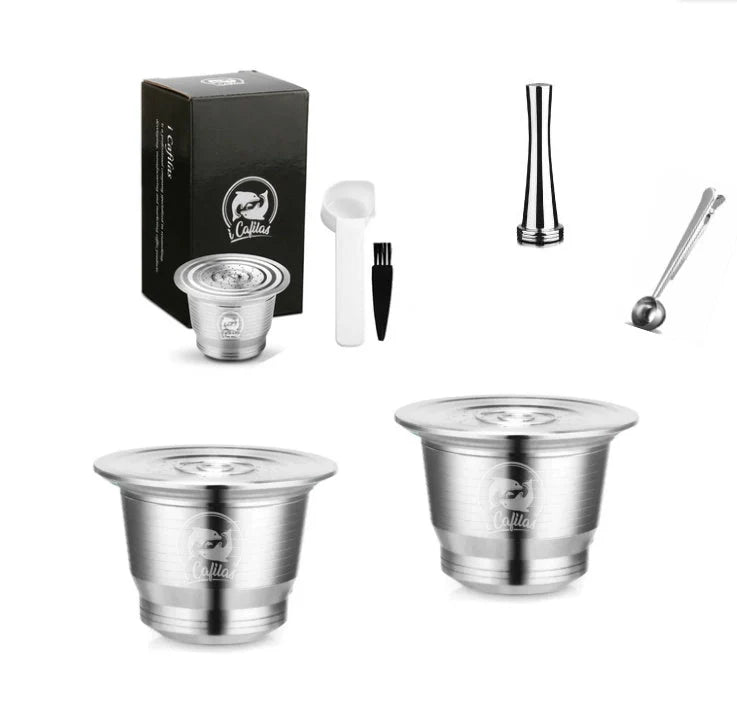 Stainless steel reusable Nespresso coffee capsule with tamper and spoon
