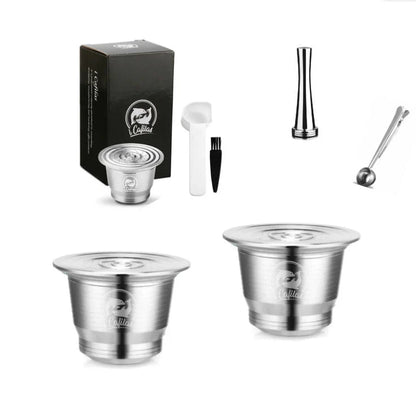 Stainless steel reusable Nespresso coffee capsule with tamper and spoon