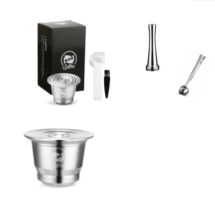 Stainless steel reusable Nespresso coffee capsule with tamper and spoon