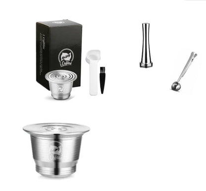 Stainless steel reusable Nespresso coffee capsule with tamper and spoon