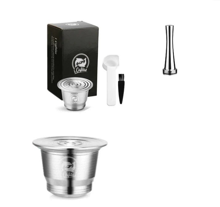 Stainless steel reusable Nespresso coffee capsule with tamper and spoon