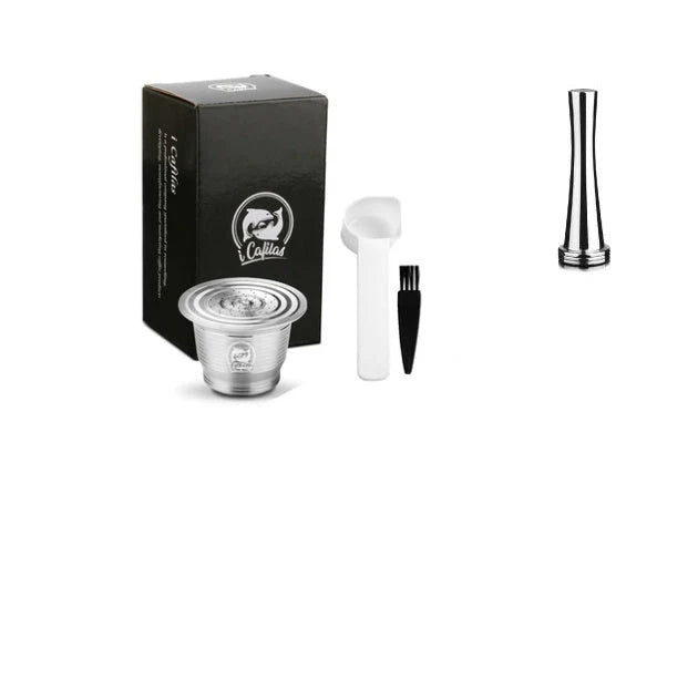 Stainless steel reusable Nespresso coffee capsule with tamper and spoon