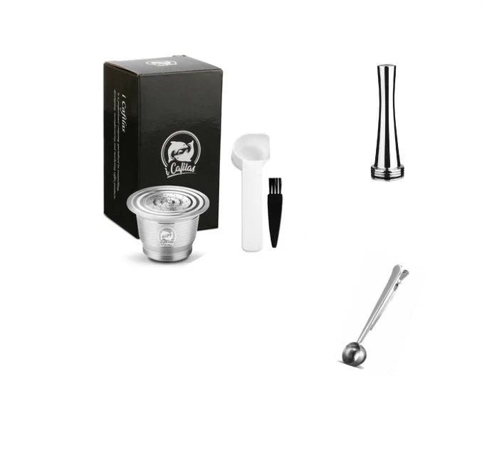 Stainless steel reusable Nespresso coffee capsule with tamper and spoon