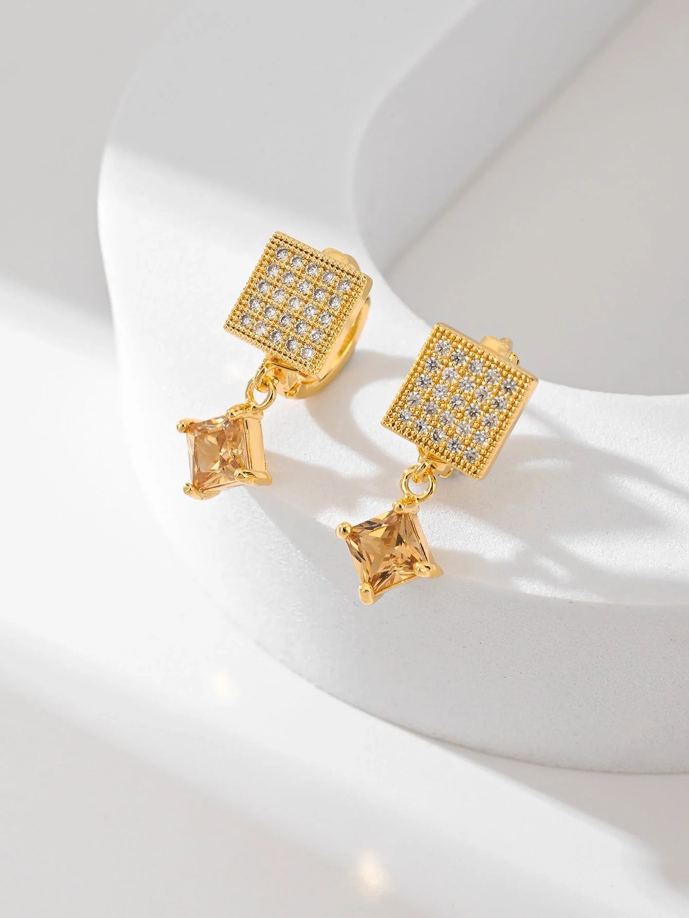 Square zircon stud earrings in six colours: black, red, green, white, champagne, and pink.