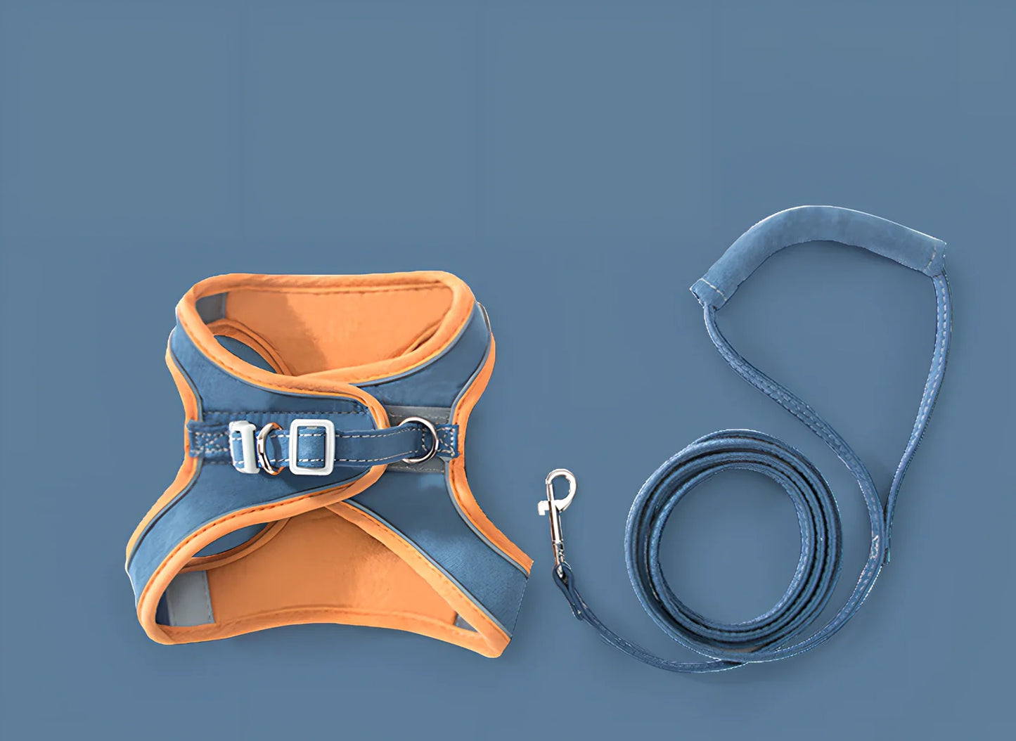 Green-orange stitched cat traction rope chest strap with reflective strips, sized S-XL for pets up to 30 kg, 360-degree wrap for secure leads