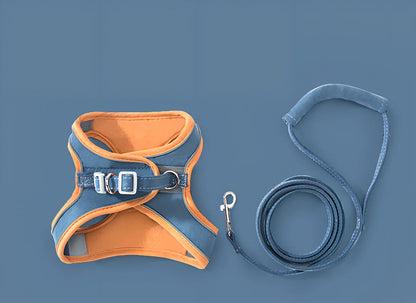 Green-orange stitched cat traction rope chest strap with reflective strips, sized S-XL for pets up to 30 kg, 360-degree wrap for secure leads