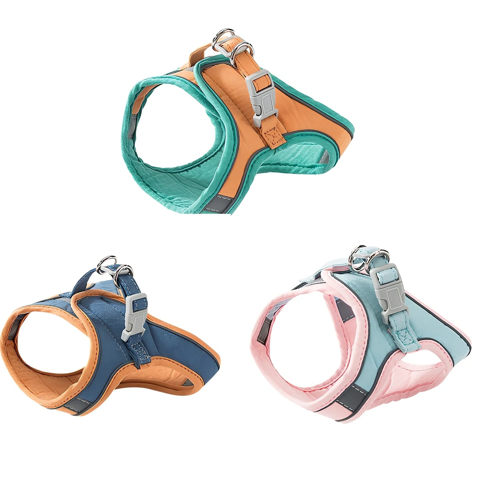 Green-orange stitched cat traction rope chest strap with reflective strips, sized S-XL for pets up to 30 kg, 360-degree wrap for secure leads