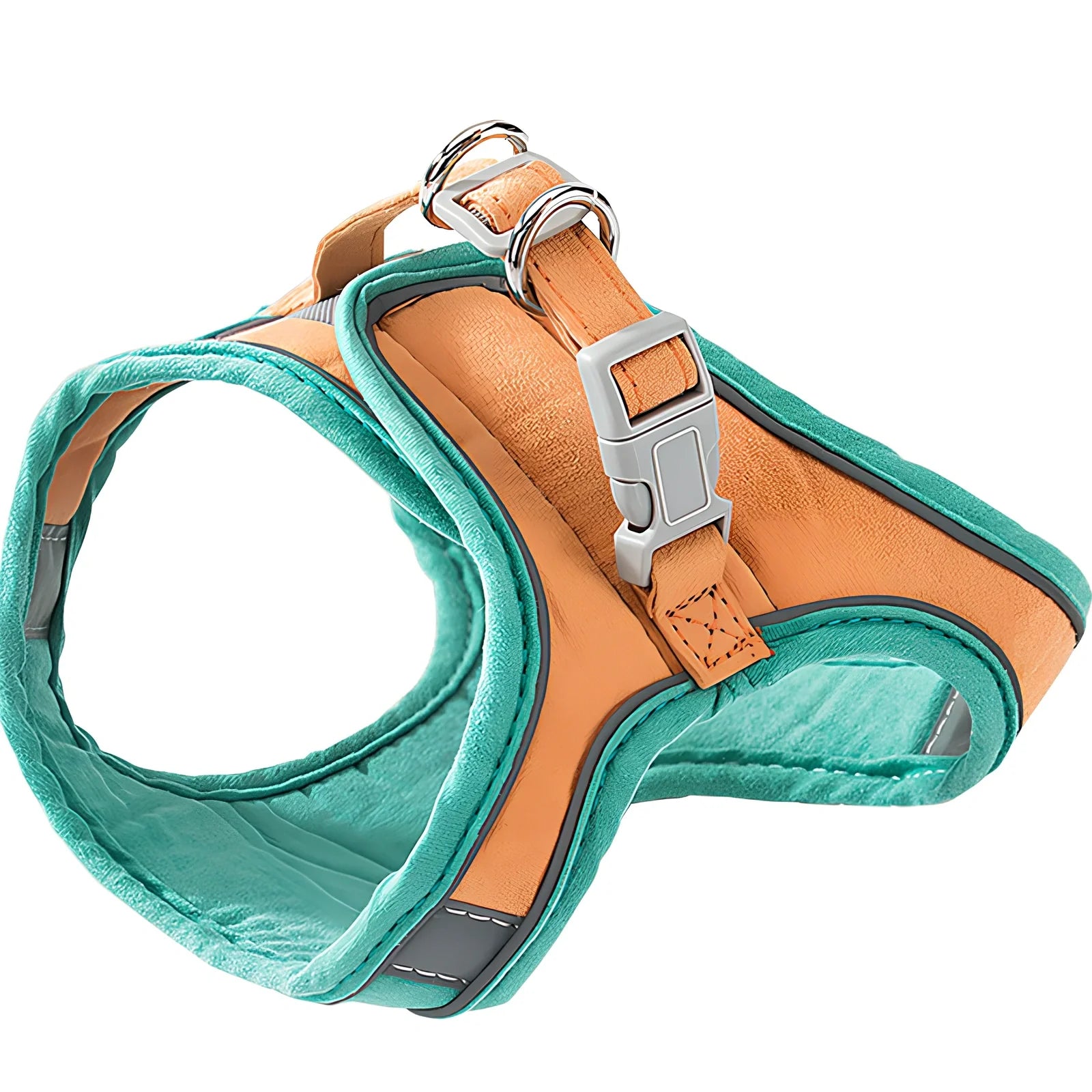 Green-orange stitched cat traction rope chest strap with reflective strips, sized S-XL for pets up to 30 kg, 360-degree wrap for secure leads