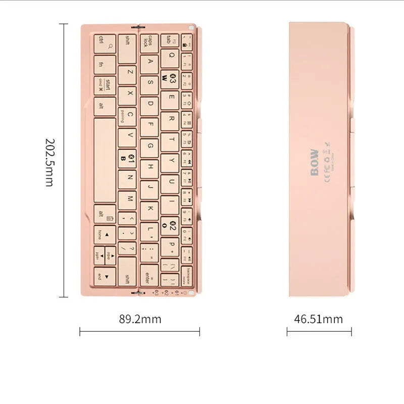 Silver white folding Bluetooth keyboard with integrated stand holding tablet at angle