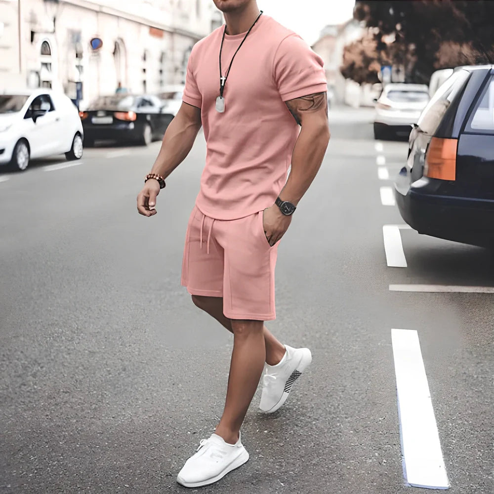 Pink short sleeve T-shirt and shorts two-piece set, sizes S-XXXL, general thickness for sports leisure