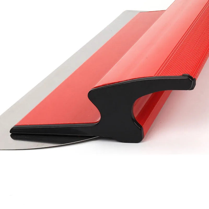 Red leveling scraper tool with 40 cm length and stainless steel blade for wall putty smoothing
