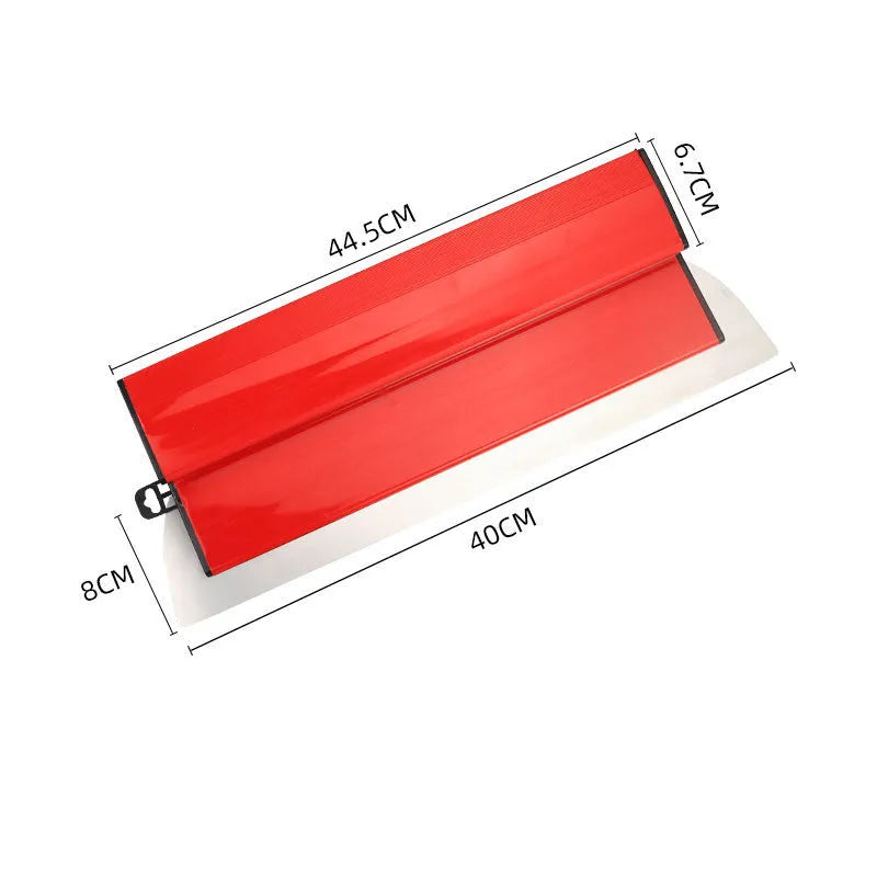 Red leveling scraper tool with 40 cm length and stainless steel blade for wall putty smoothing