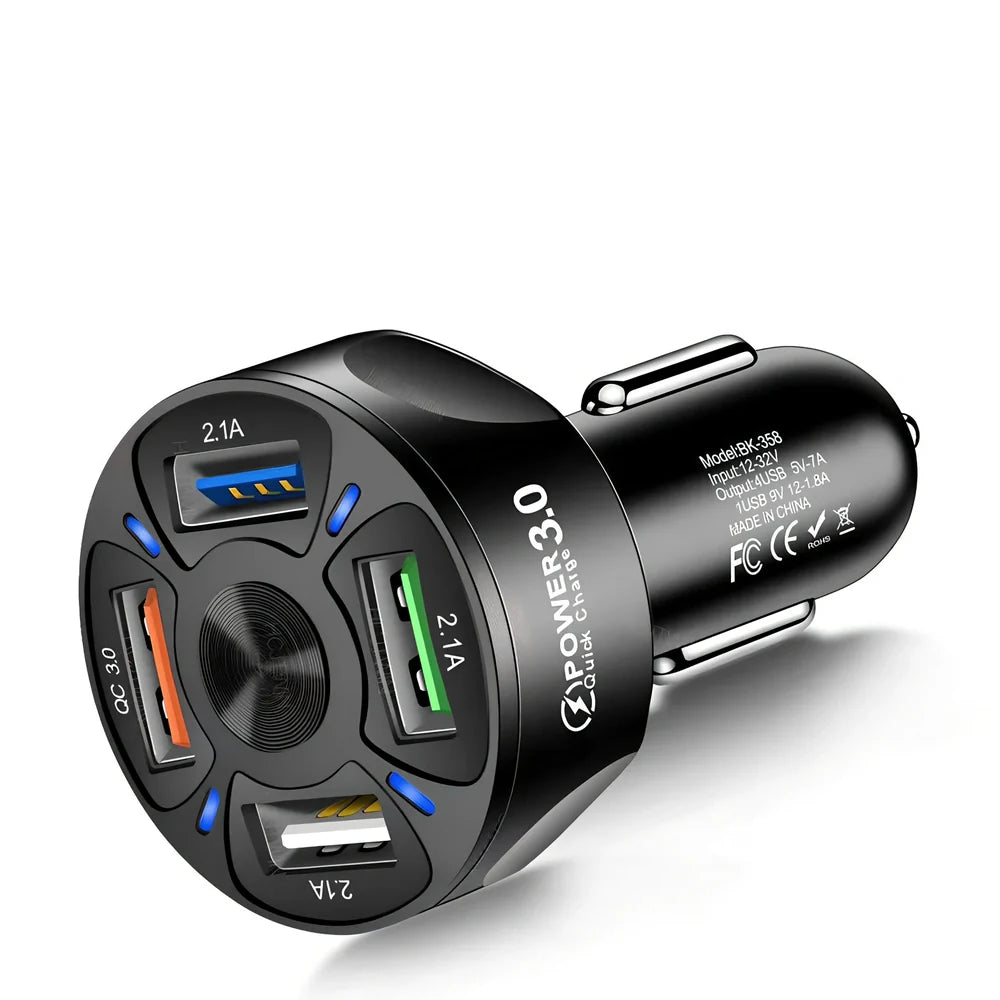 Black 45W mini USB car charger, 70x40mm size, for phone fast charging in vehicle socket