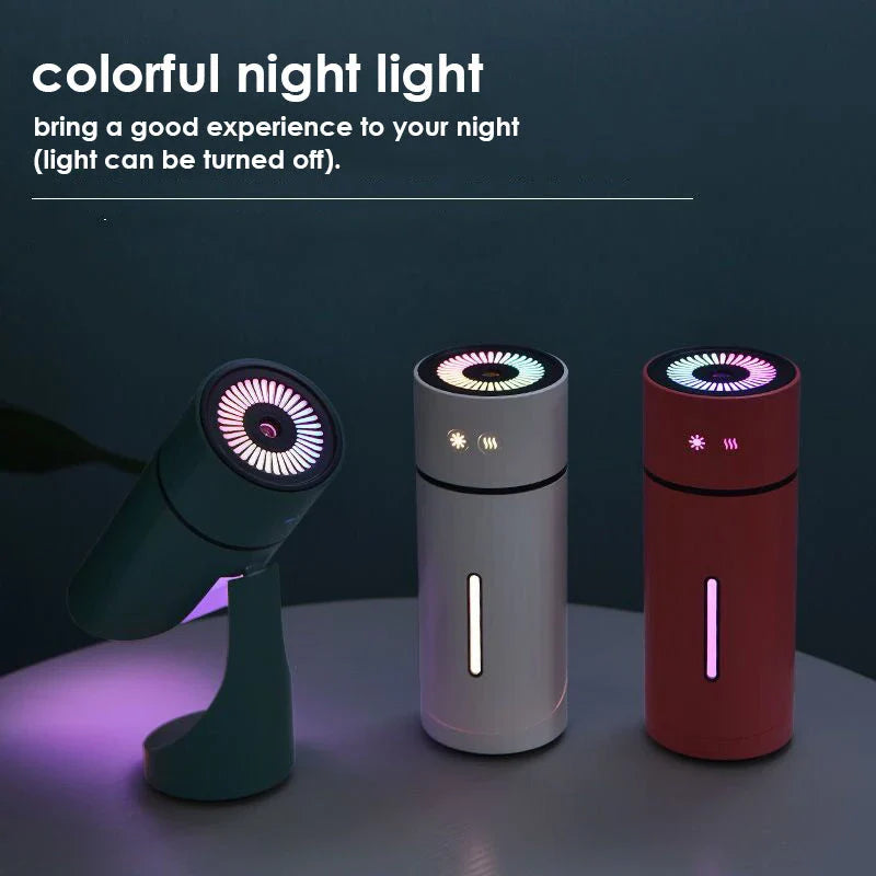 Compact USB charging humidifier with adjustable angle and night light in white, green, and red
