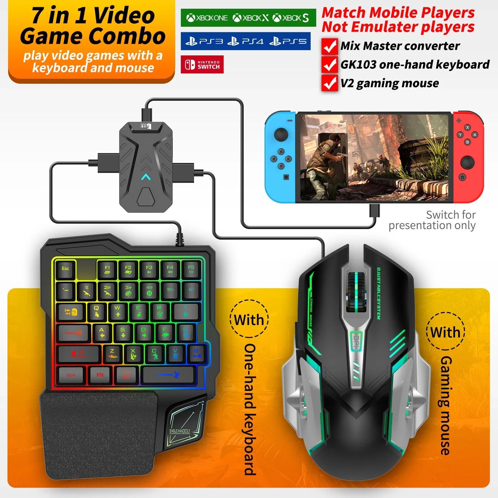 Versatile gaming adapter with keyboard and mouse support for PS4, Xbox, and Nintendo Switch consoles