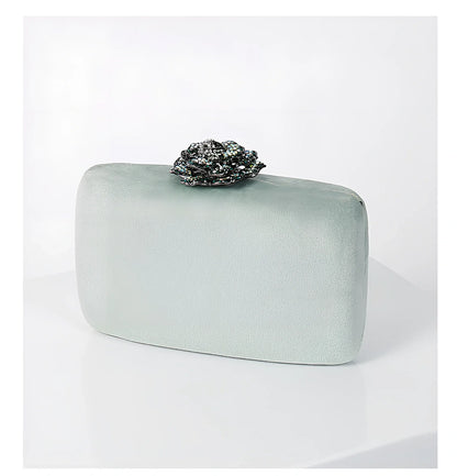 Suede diamond evening clutch bag in black with 17.5cm width, chain strap, and compact 13.8x5cm design for parties