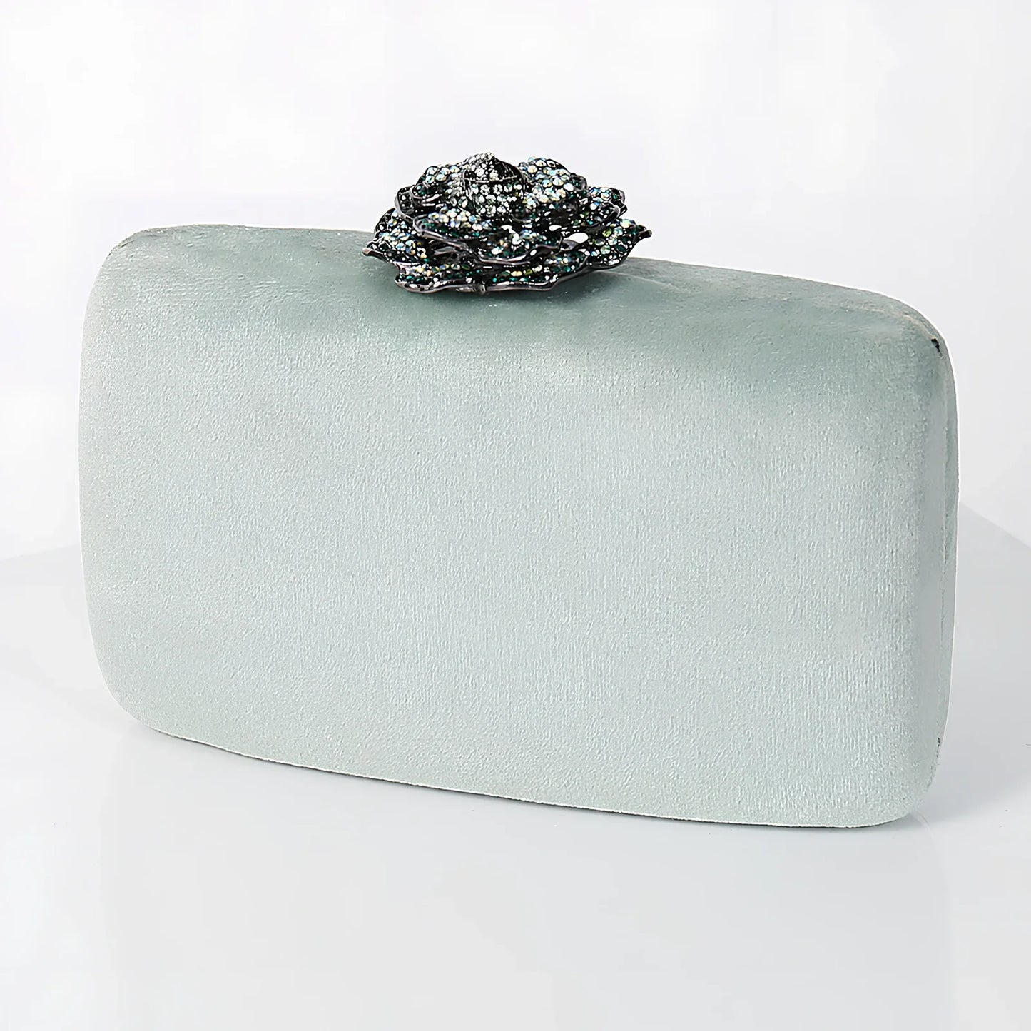Suede diamond evening clutch bag in black with 17.5cm width, chain strap, and compact 13.8x5cm design for parties