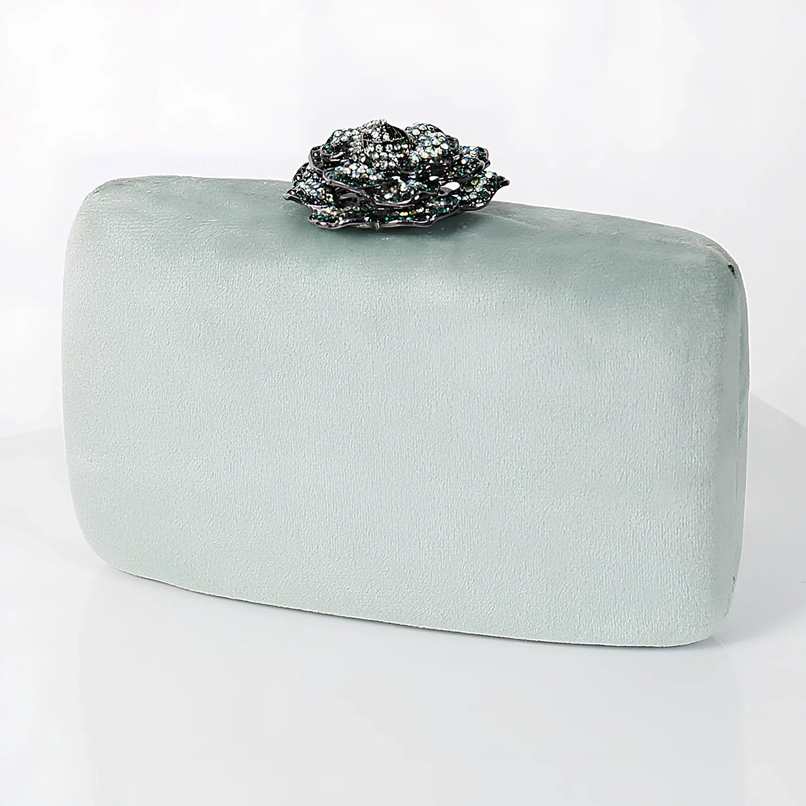 Suede diamond evening clutch bag in black with 17.5cm width, chain strap, and compact 13.8x5cm design for parties