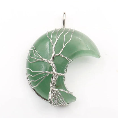 Handmade Moon Natural Crystal Stone Tree of Life Pendant Necklace in various colours