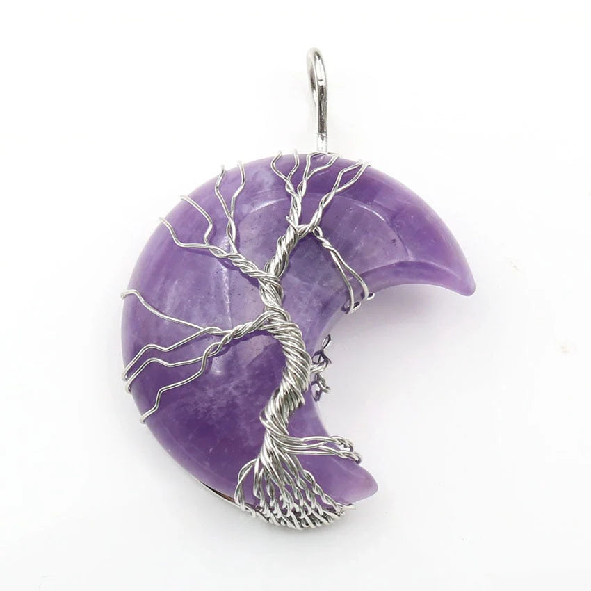 Handmade Moon Natural Crystal Stone Tree of Life Pendant Necklace in various colours
