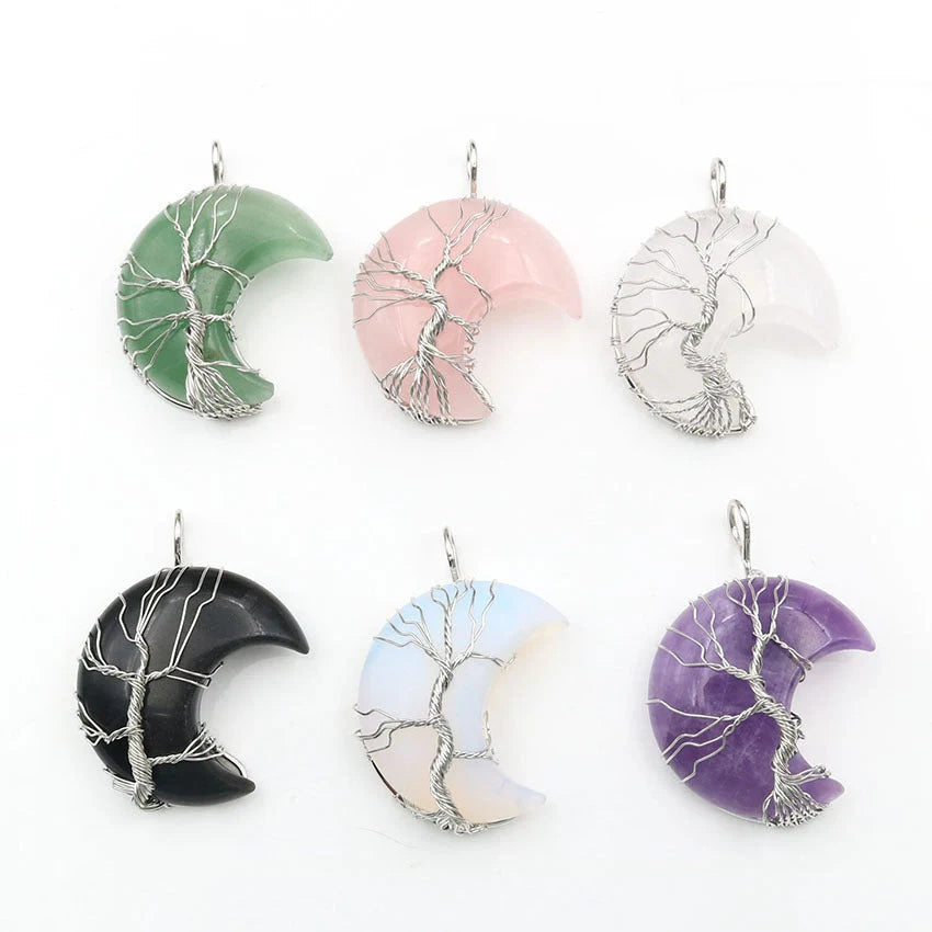 Handmade Moon Natural Crystal Stone Tree of Life Pendant Necklace in various colours