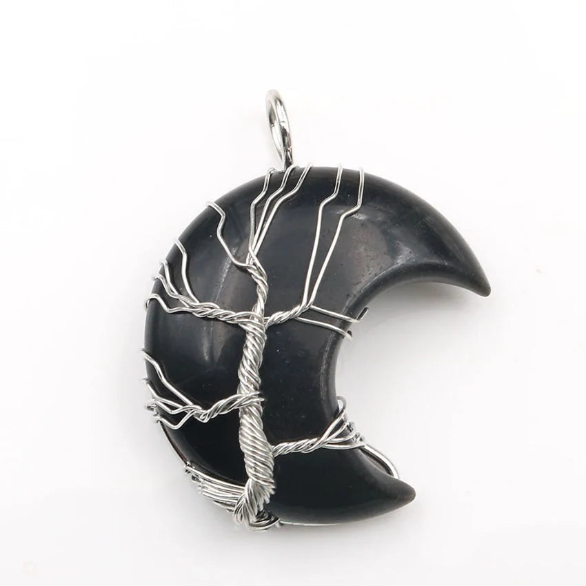 Handmade Moon Natural Crystal Stone Tree of Life Pendant Necklace in various colours