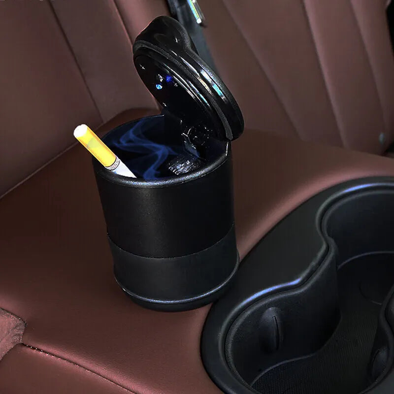 Portable solar rechargeable car ashtray with LED light, detachable cover, gold finish, fits cup holder