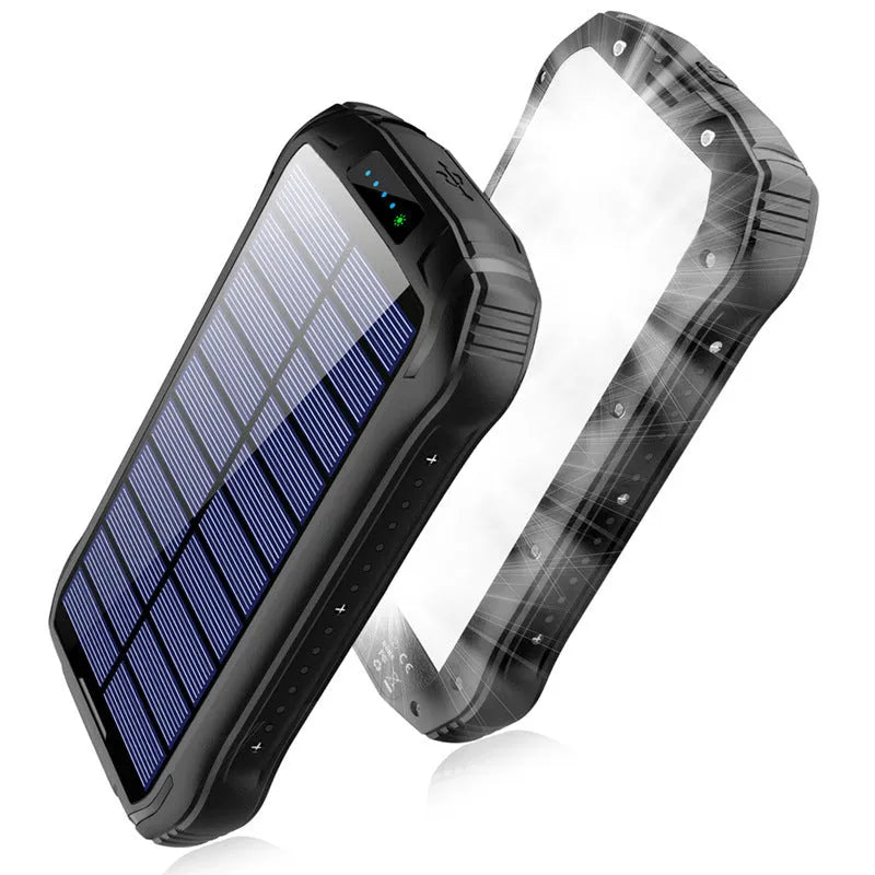 Orange solar power bank with integrated camping light showing size and waterproof ports.