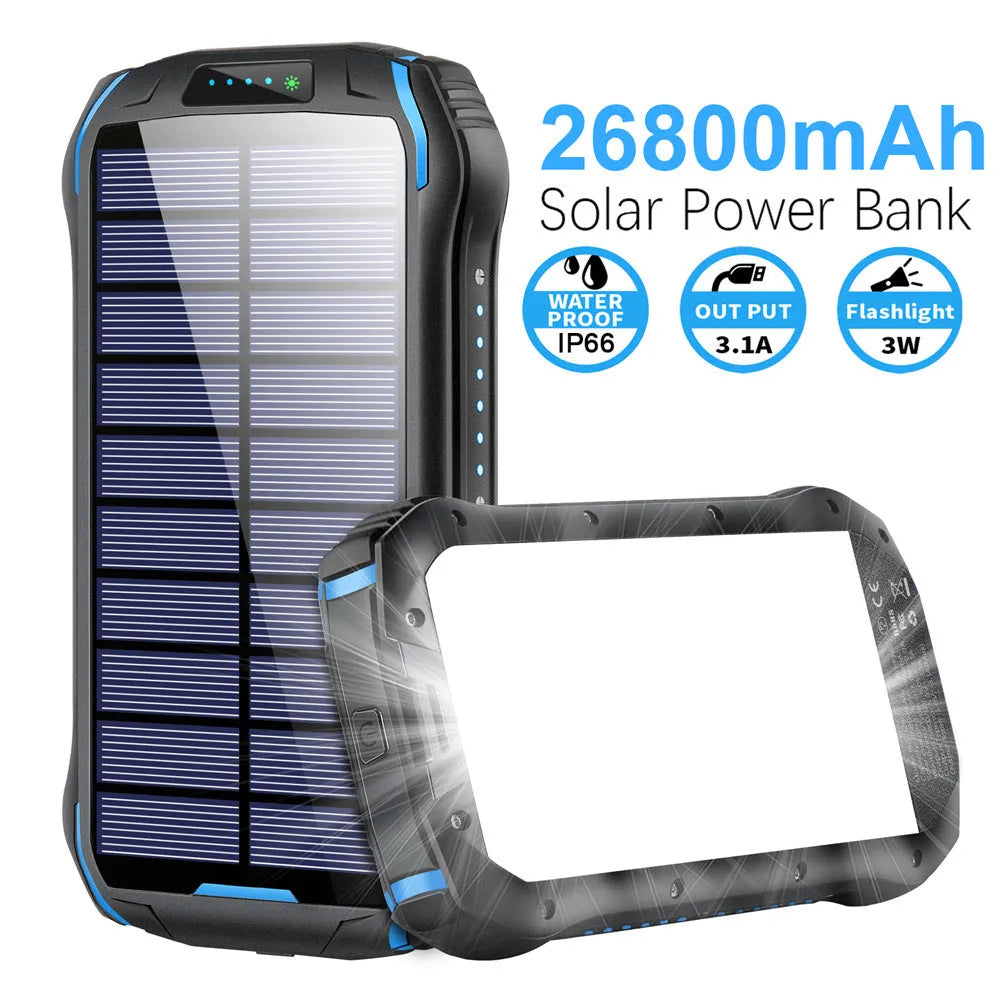 Orange solar power bank with integrated camping light showing size and waterproof ports.